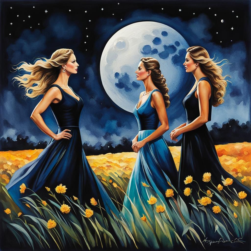 Beautiful Ladies at Moonrise: Dark Moody Watercolors