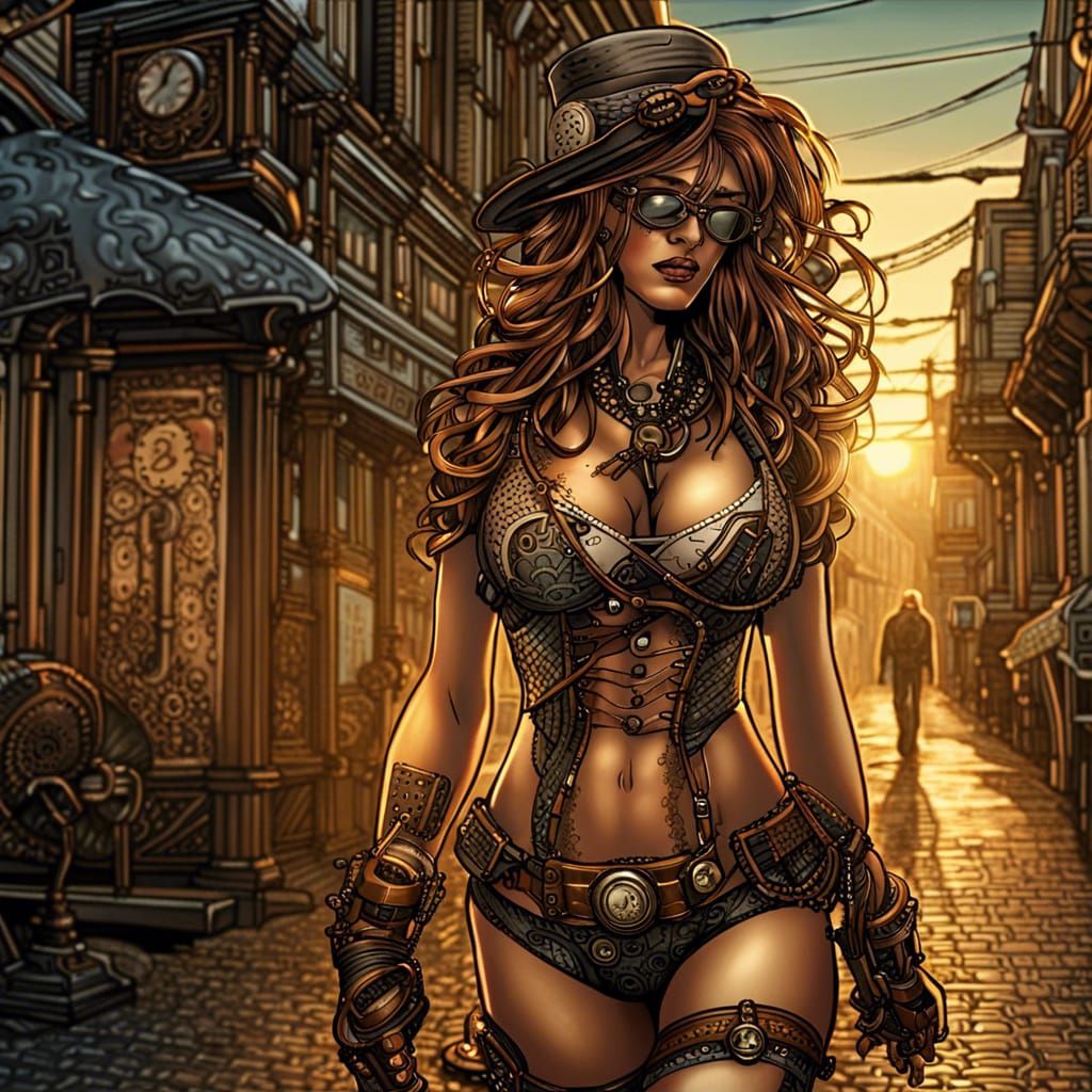 Steampunk Bikini Dawn Walk: Hyperrealistic Comic Art