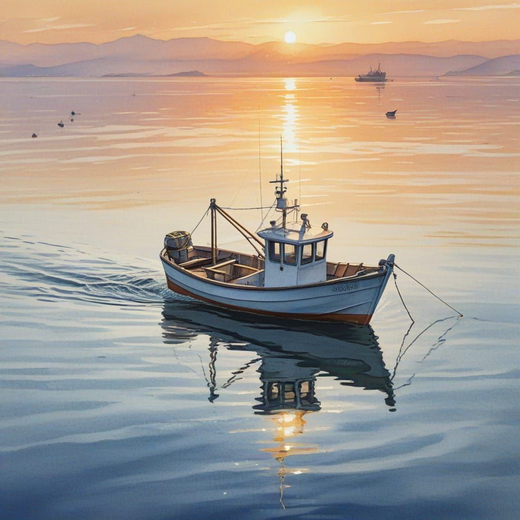 Fishing Boat Surrounded by Tuna in Watercolor Style