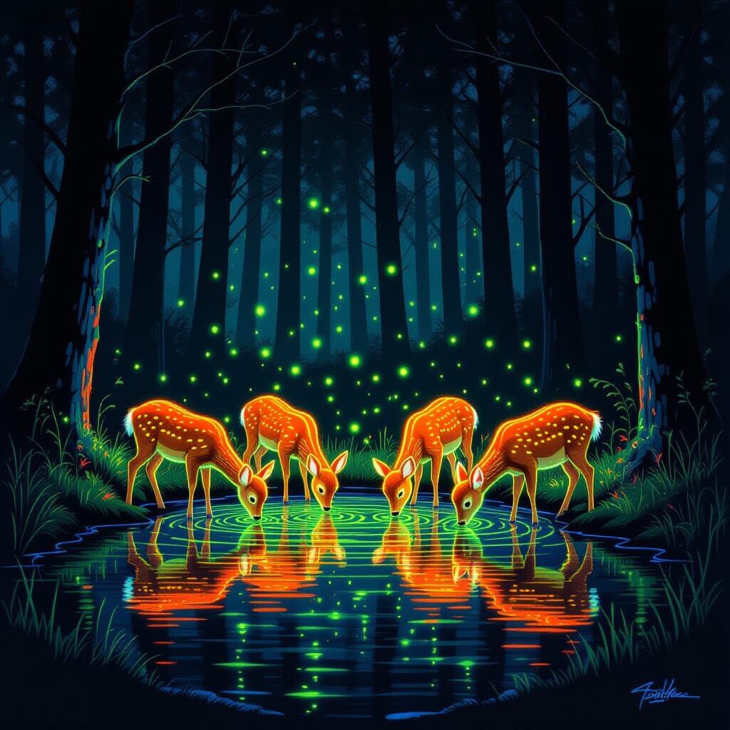 Neon Deer Drinking in a Glowing Forest: Graffiti Art
