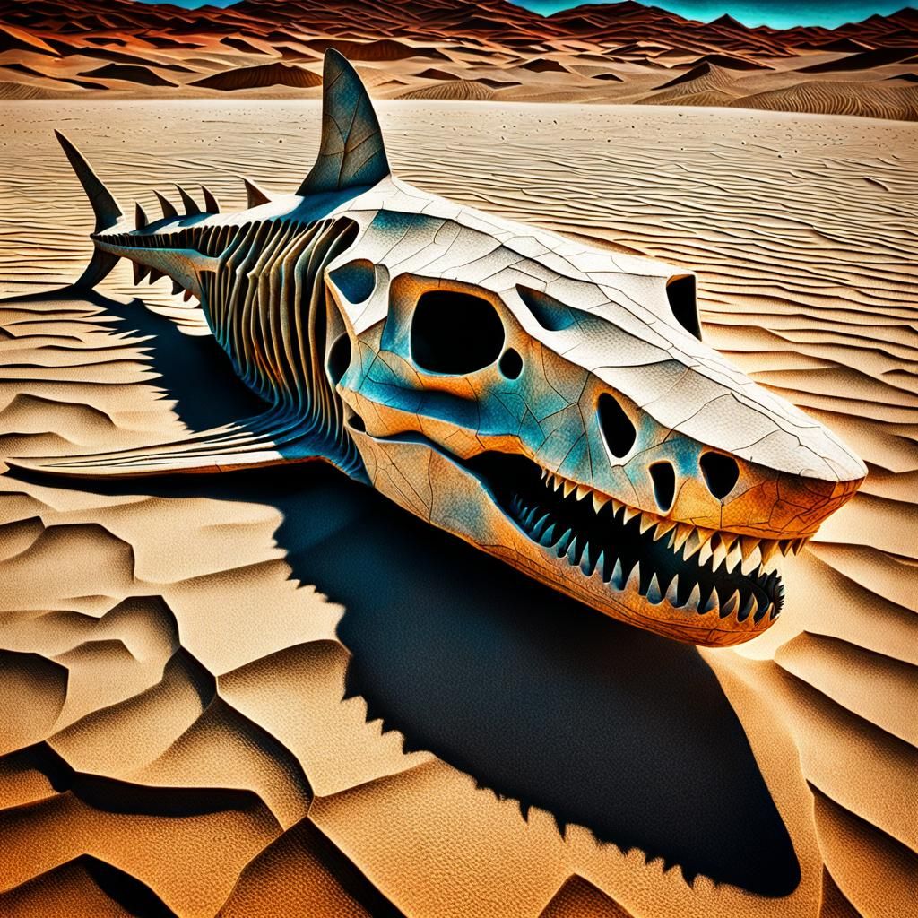 Shark Skeleton in Desert Moonscape: Impasto Mixed Media
