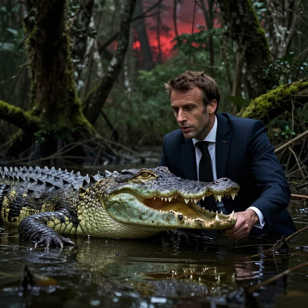 Dramatic Swamp Scene: Crocodile Attacks Suited Figure
