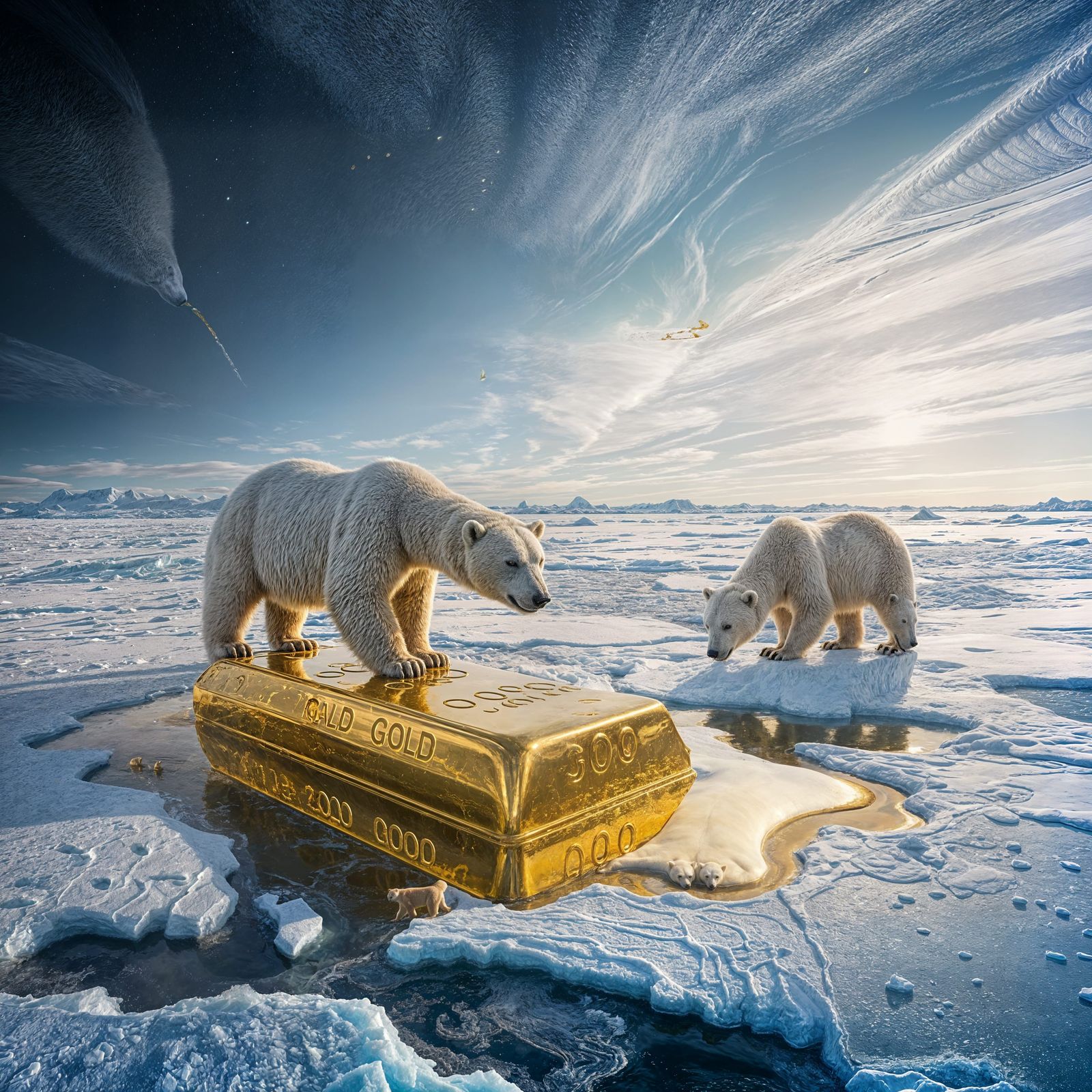 Melting Gold in Arctic With Polar Bears, Hyperrealistic