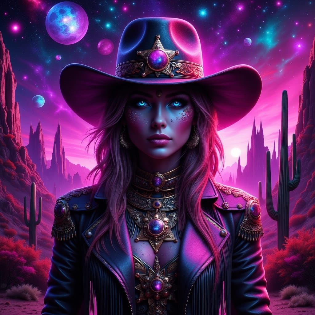 Cosmic Cowgirl Sheriff in Hyper-Stylized Double Exposure