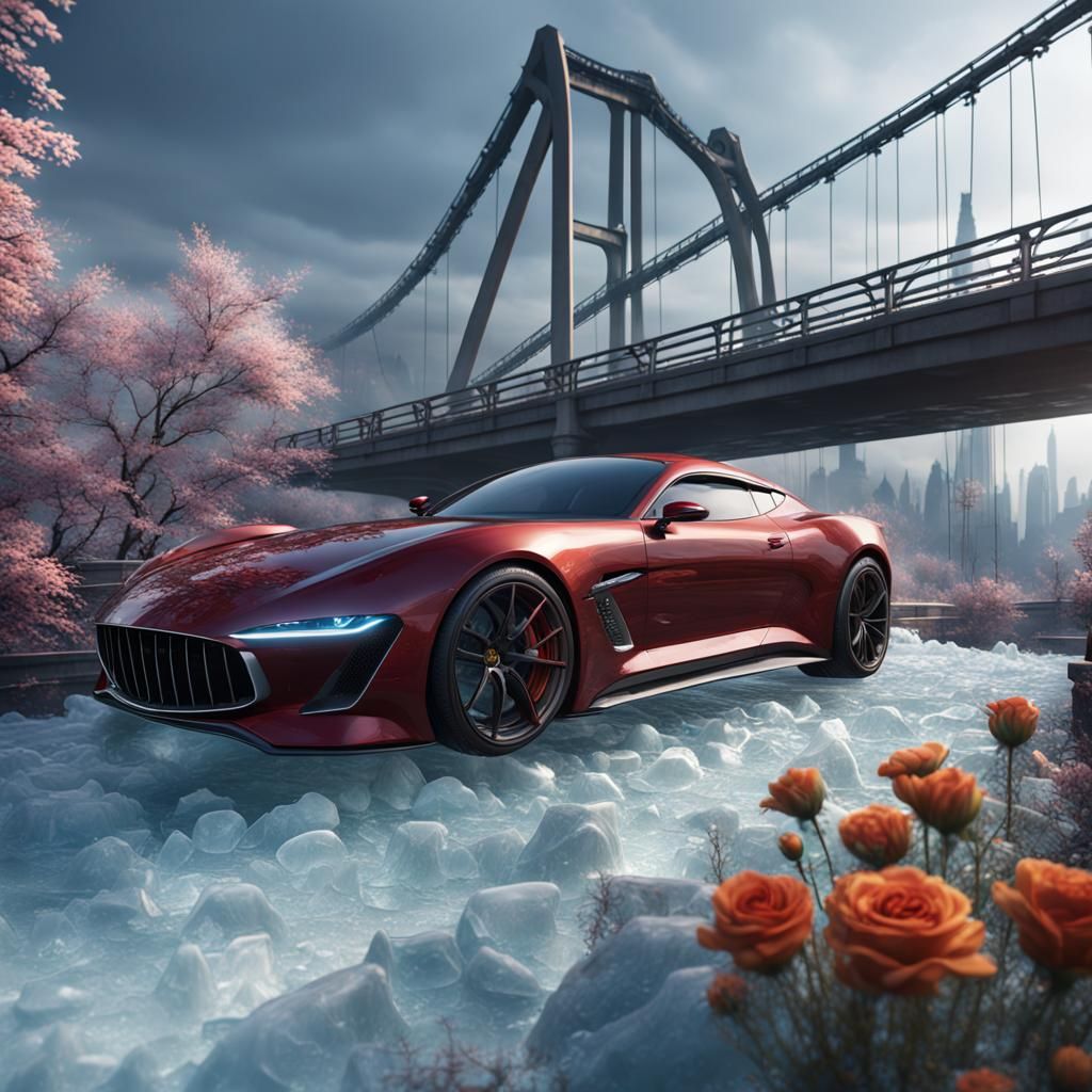 Fantasy Sports Car on Frozen Floral Bridge