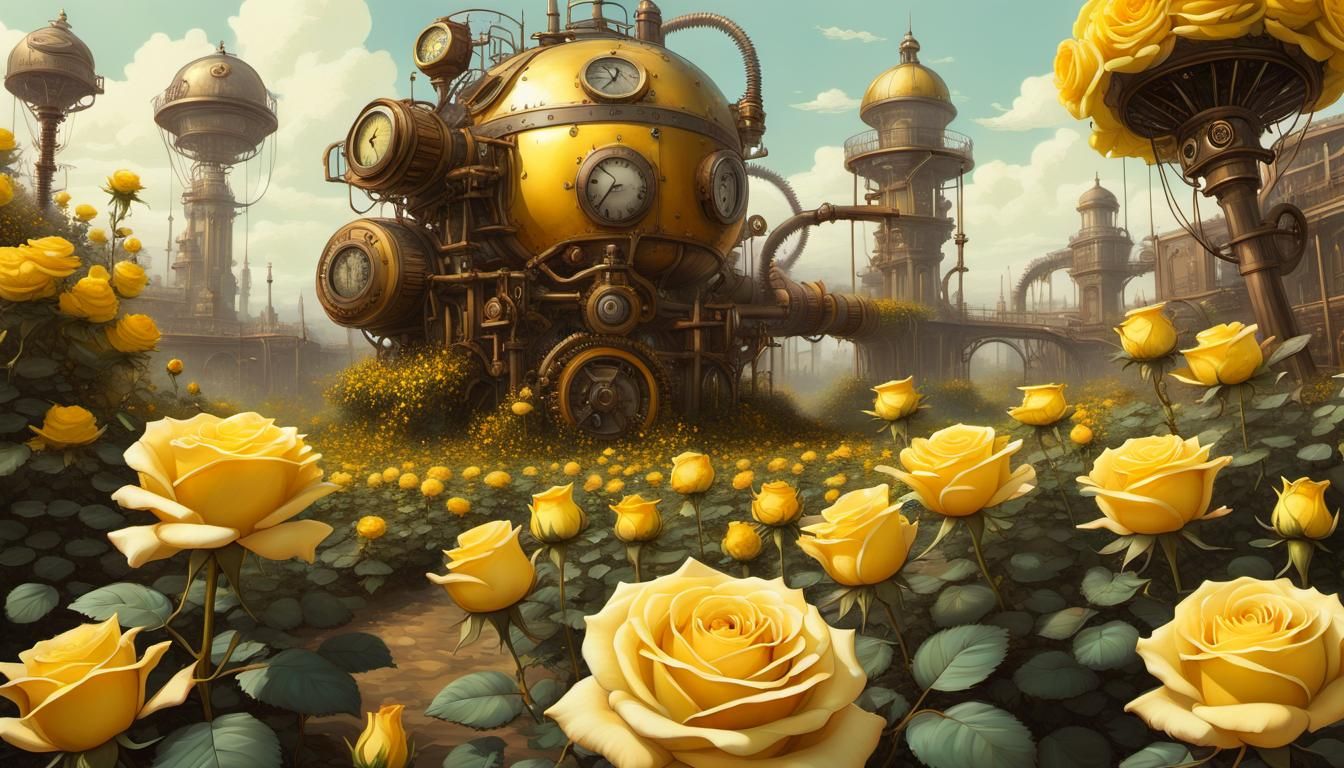 Steampunk Cyberpunk Yellow Rose Garden Masterpiece