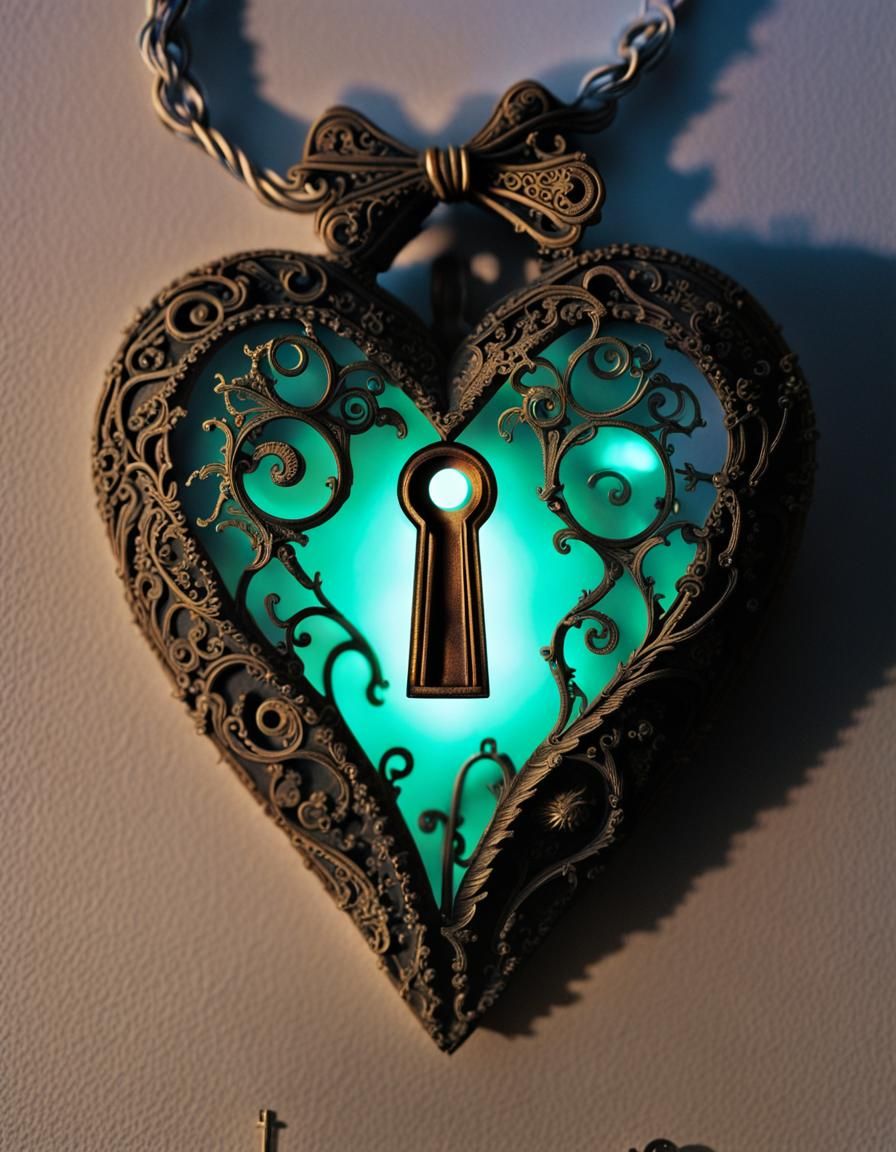 Luminous Magical Heart with Keyhole in the Night