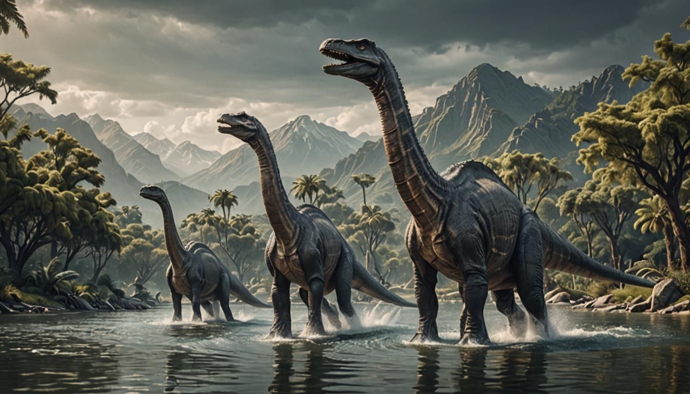 Hyperrealistic Brachiosaur Herd by a Lake