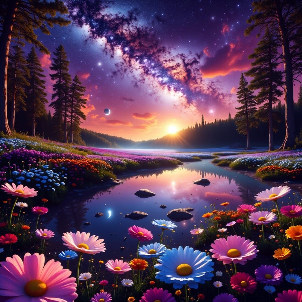 Cosmic Sunset in a Whimsical Woodland Scene