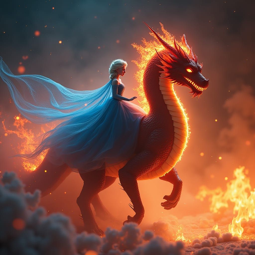 Elsa Rides a Fire Dragon in Fantasy Art
