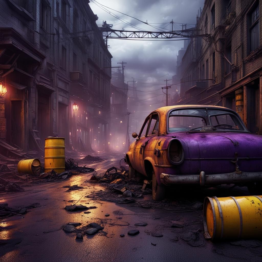 Post-Apocalyptic Street Scene with Burning Cars