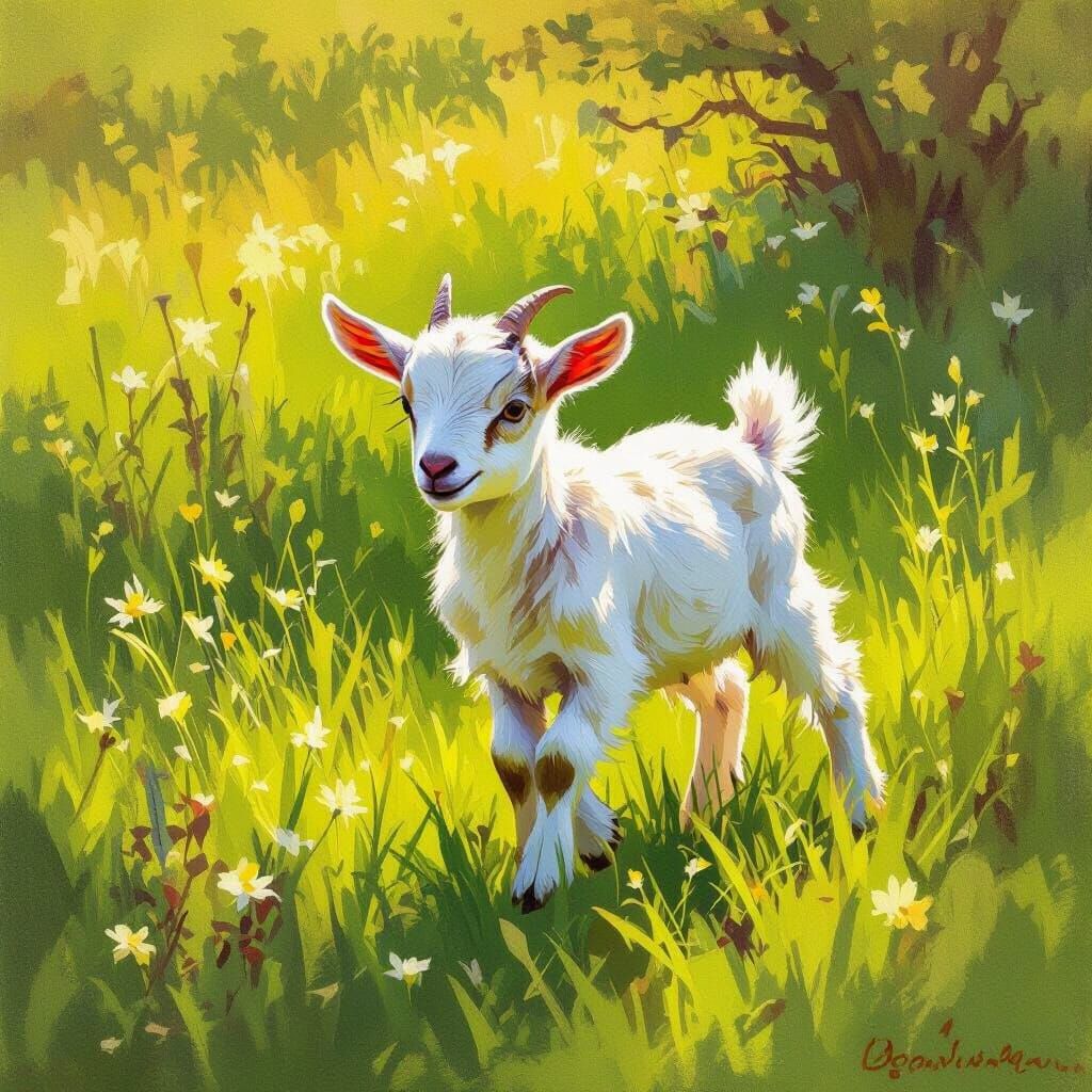 Playful Baby Goat in Sunny Meadow, Impressionist Style