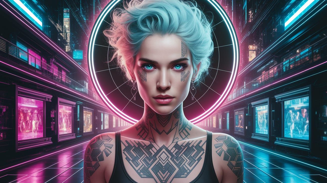 Cyberpunk Woman with Geometric Tattoos and Neon Lights