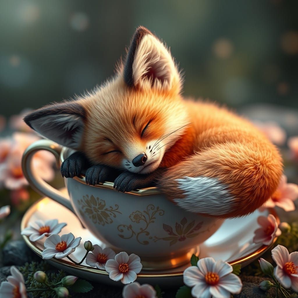 Cute Realistic Fox in a Vintage Teacup