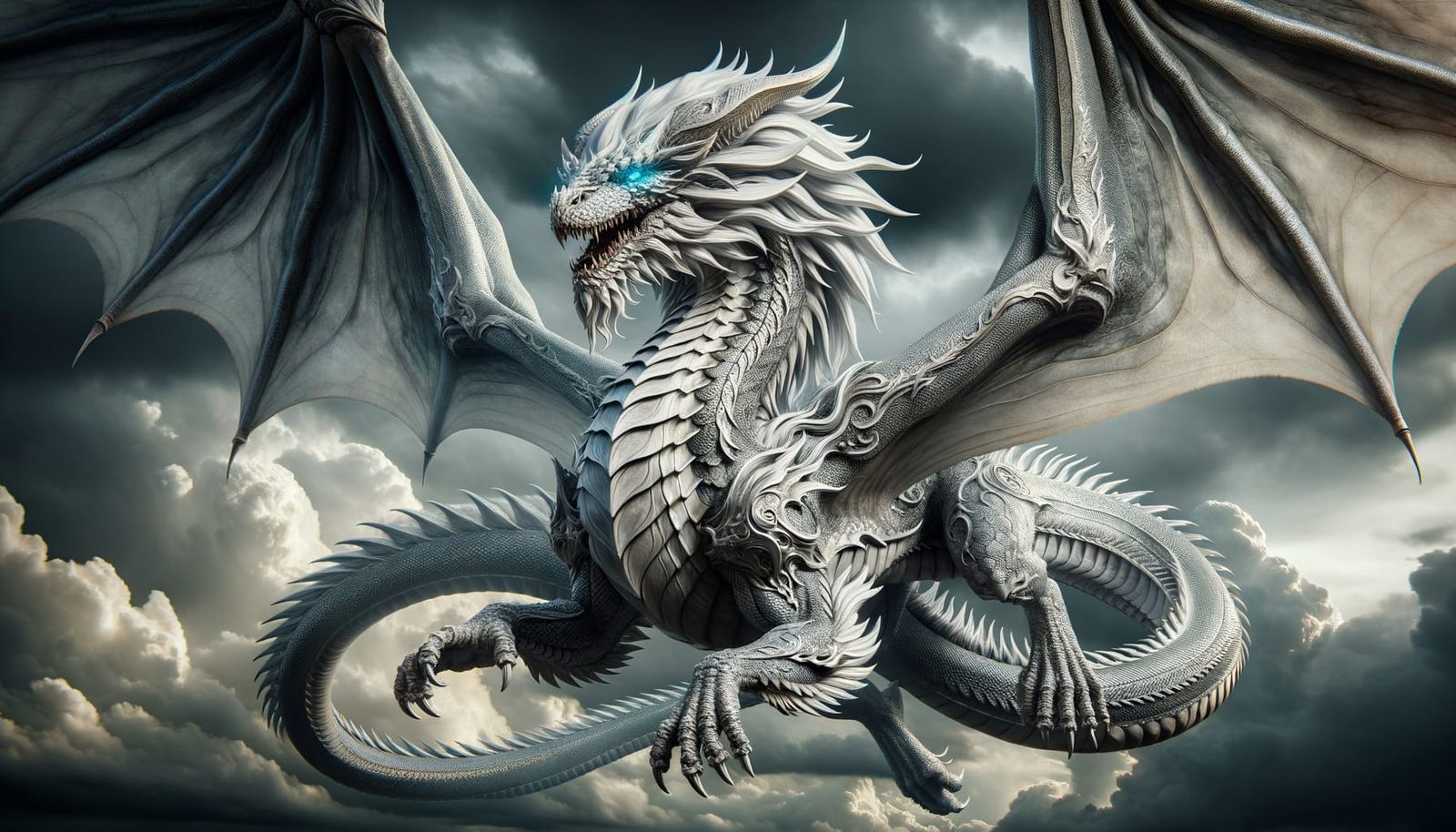 Majestic Silver-White Dragon: Bahamut Ready for Flight