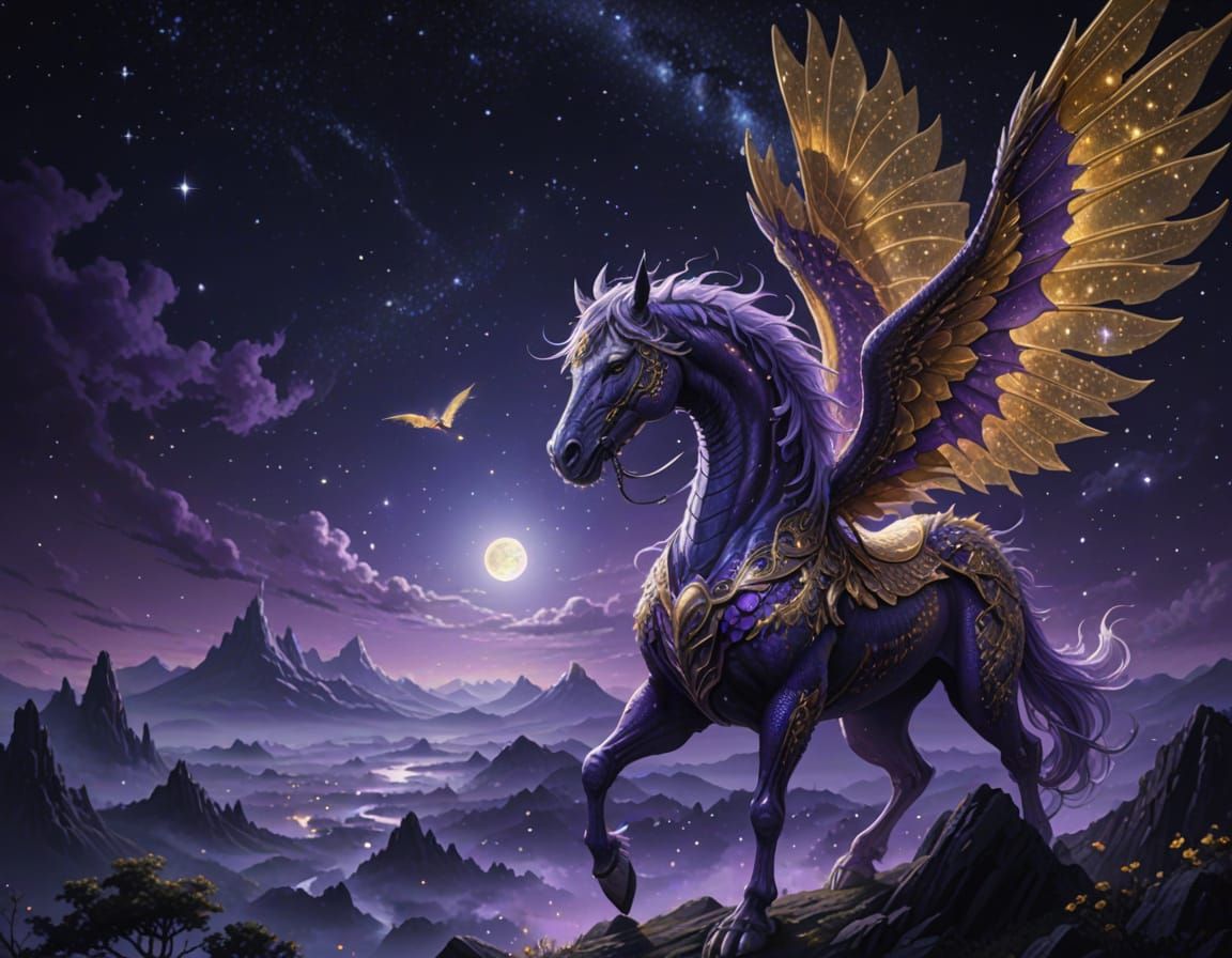 Surreal Purple Nightsky with Golden Dragon Horse in Anime Co...