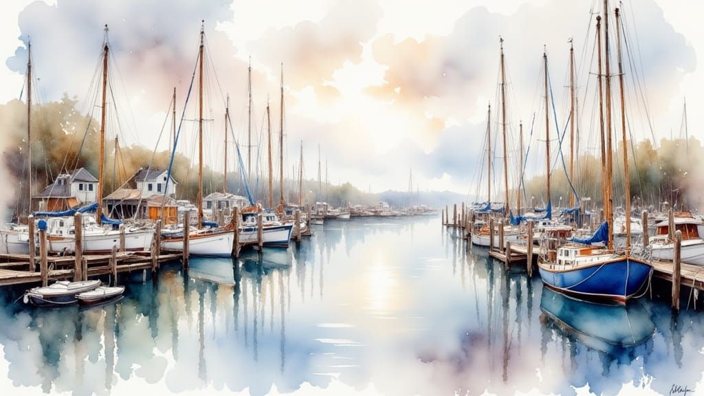 New England Harbor Town in Watercolor Style