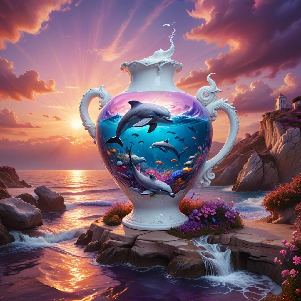 Colossal Amphora Unleashes Ocean Dolphins at Cosmic Sunrise