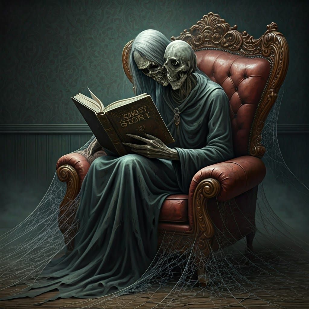 Ethereal Specter Reads Ghost Story in Dusty Armchair