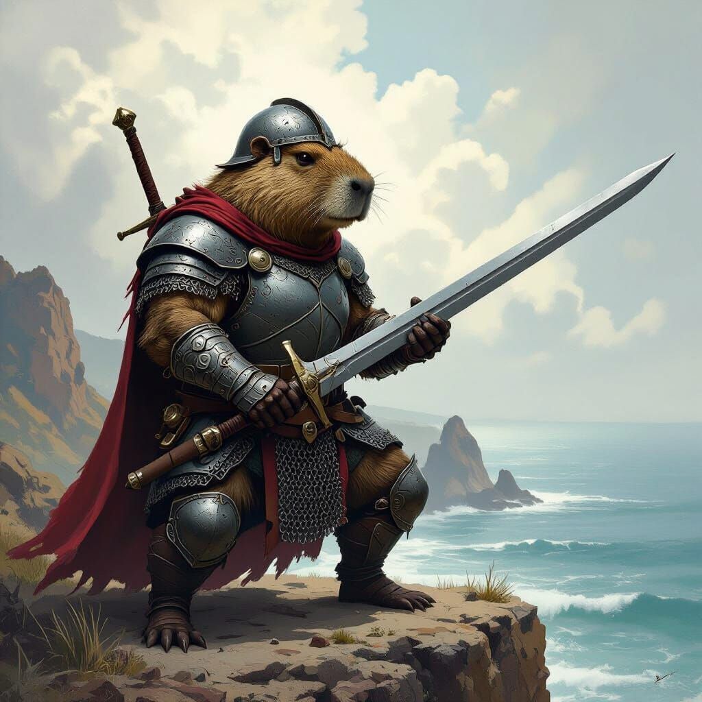 Capybara Warrior with Claymore on Cliff