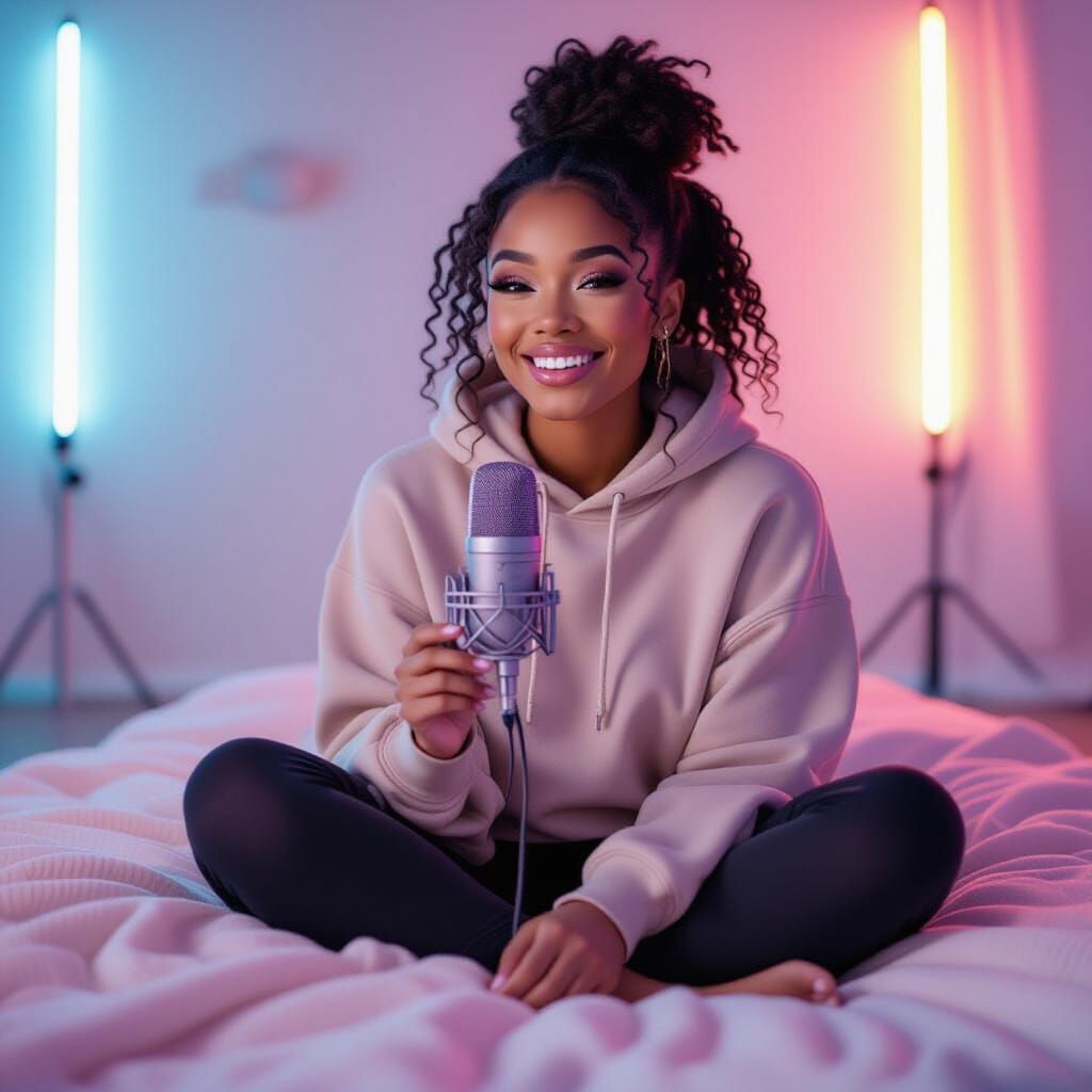 Cute ASMR Influencer with Ombré Twists in Neon Studio