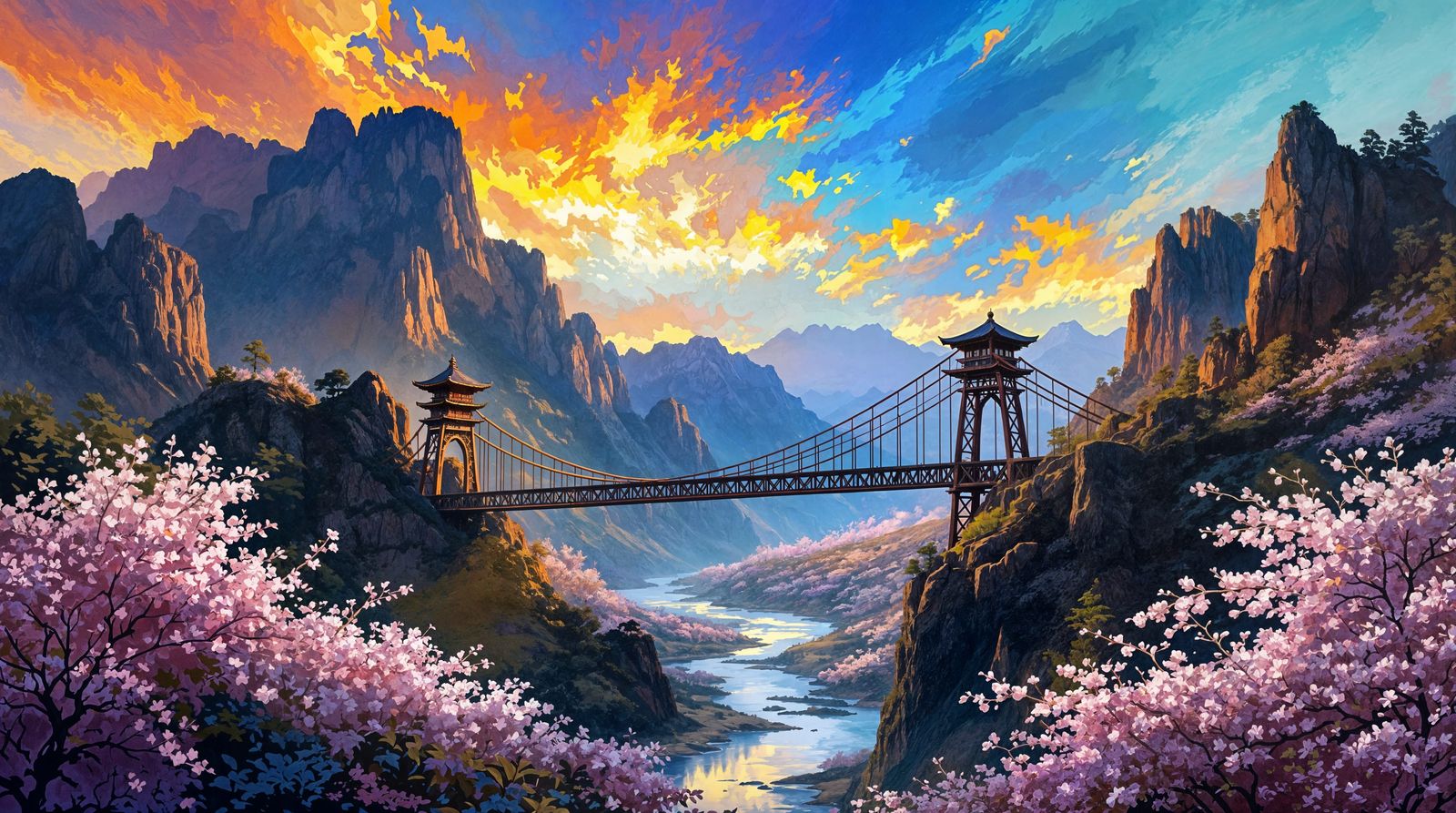 Dramatic Asian-Inspired Landscape with Suspension Bridge