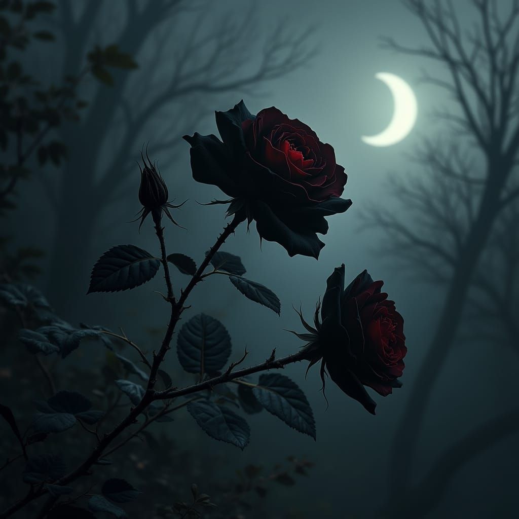 Victorian Gothic Black Roses Under Moonlight
