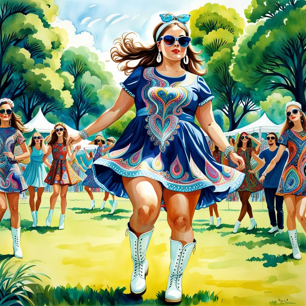 Psychedelic Woman Dancing in Park Concert, Groovy Art