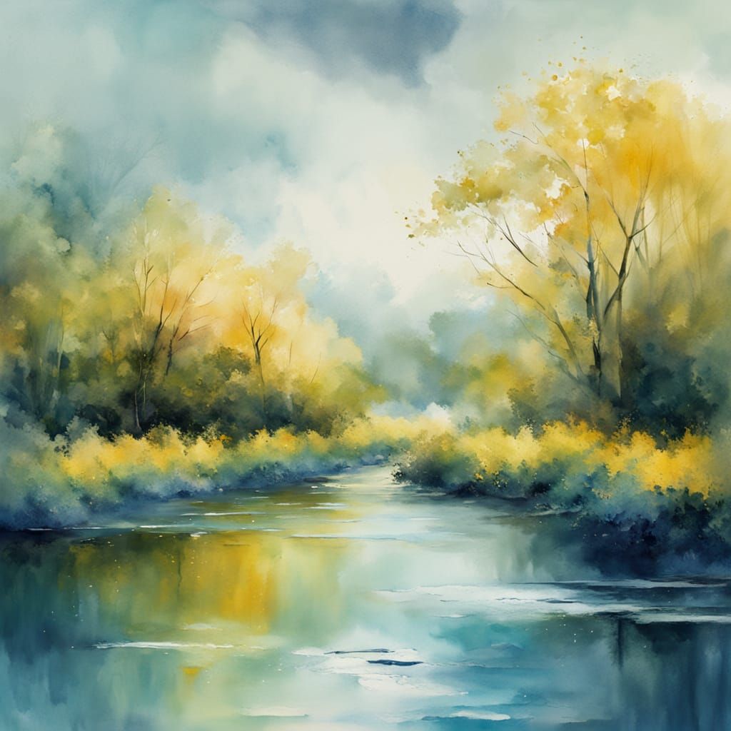 Watercolor Serenade: Lush Greenery and River on a Rainy Day