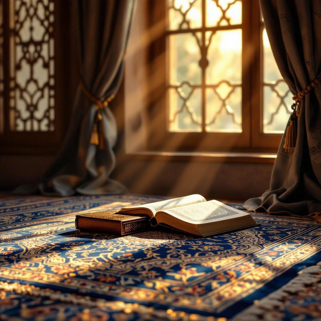Islamic Prayer Rug in Sunlit Room with Quran