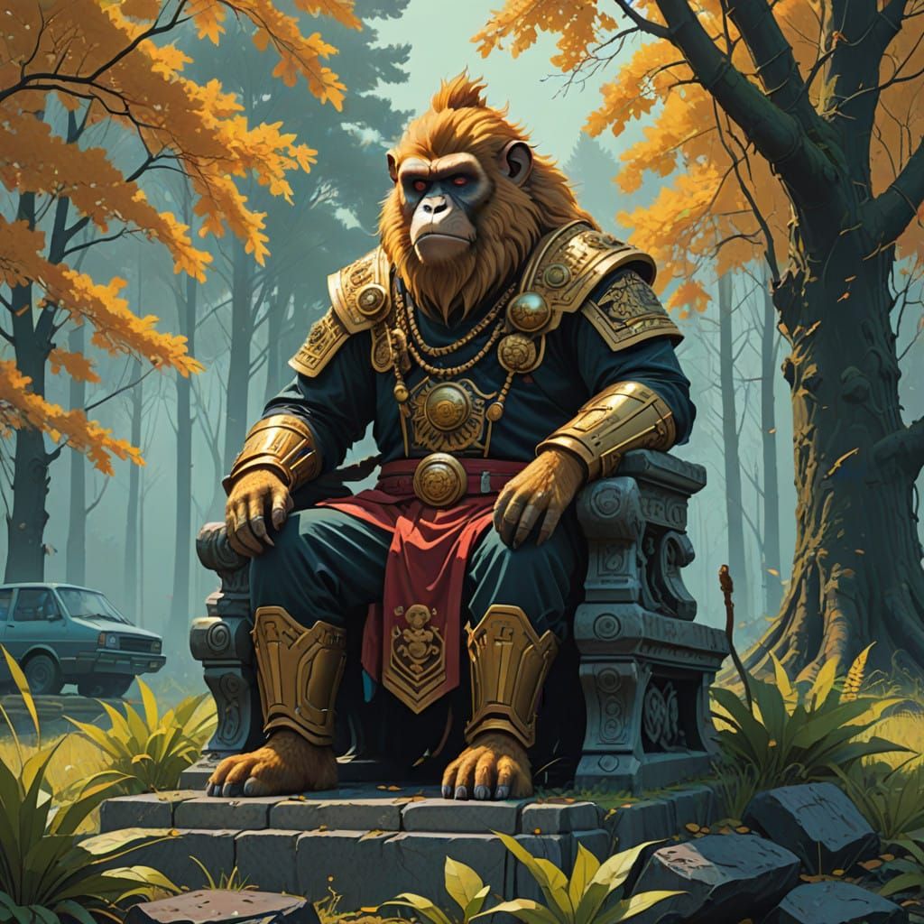 Golden Monkey King on Ancient Throne