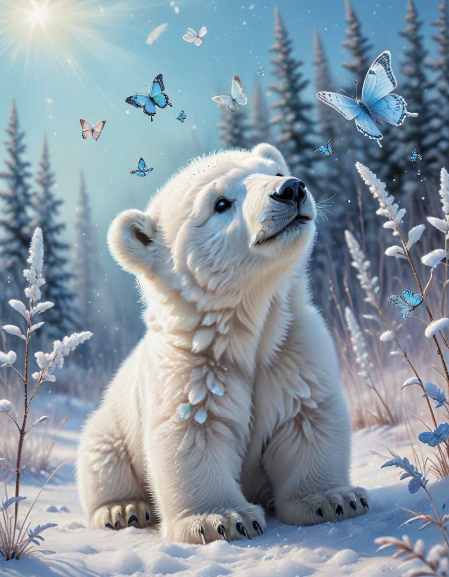 Adorable Polar Bear Cub with Butterfly, Pastel Art