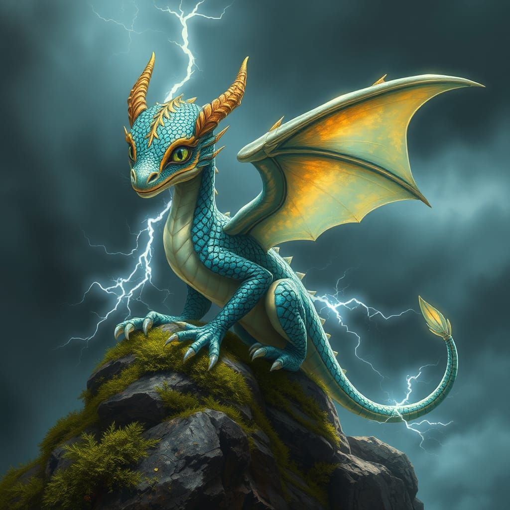Iridescent Lightning Dragon in Sci-Fi Landscape