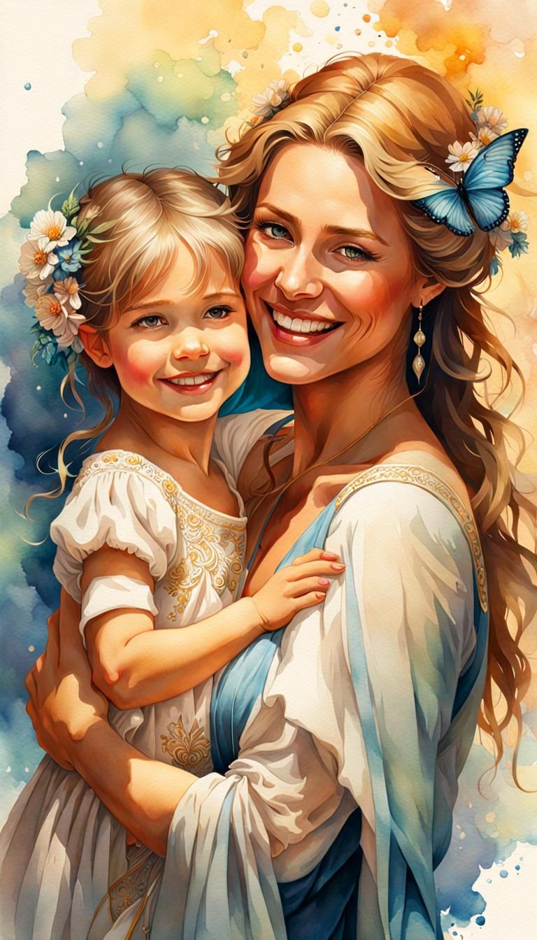 Mother and Daughter Embrace: Watercolor Splash Art