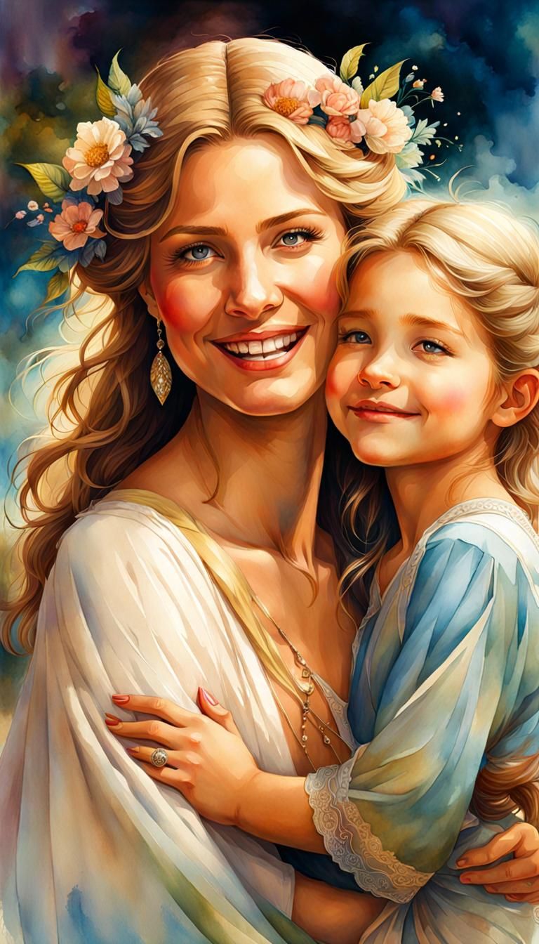 Motherly Love in Vibrant Watercolor