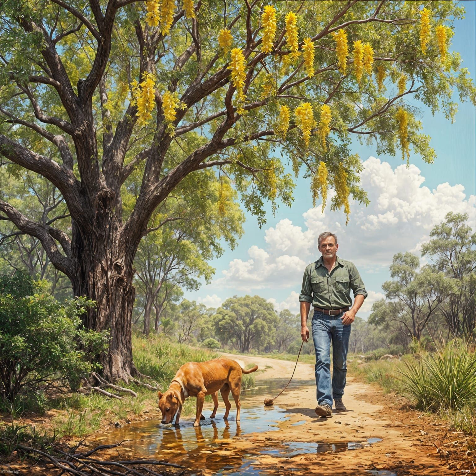Banksia Gum Tree with Bird and Dog, Oil Painting