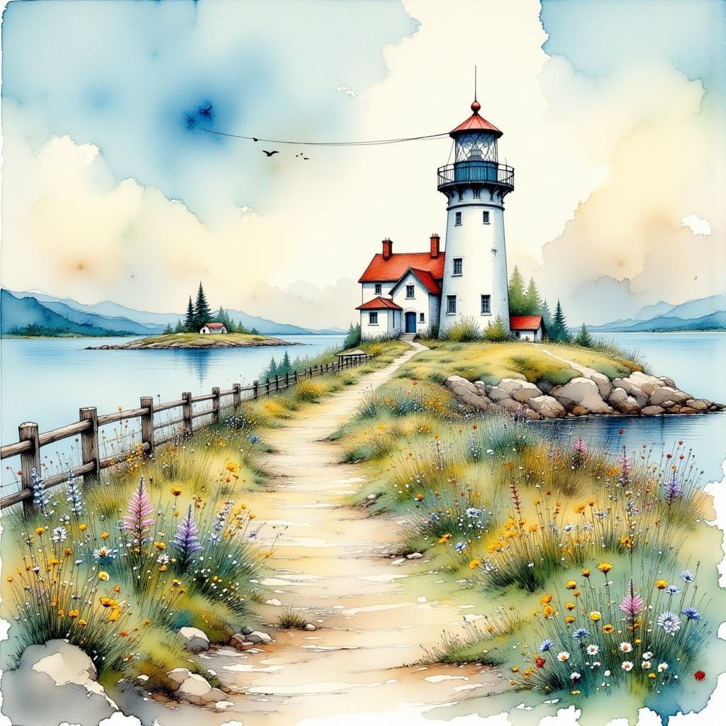 Denmark's Coastal Lighthouse in Mixed Watercolor Style