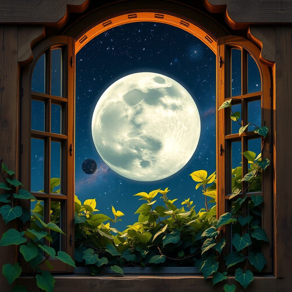 Cosmic Scene Through Weathered Arbour Window