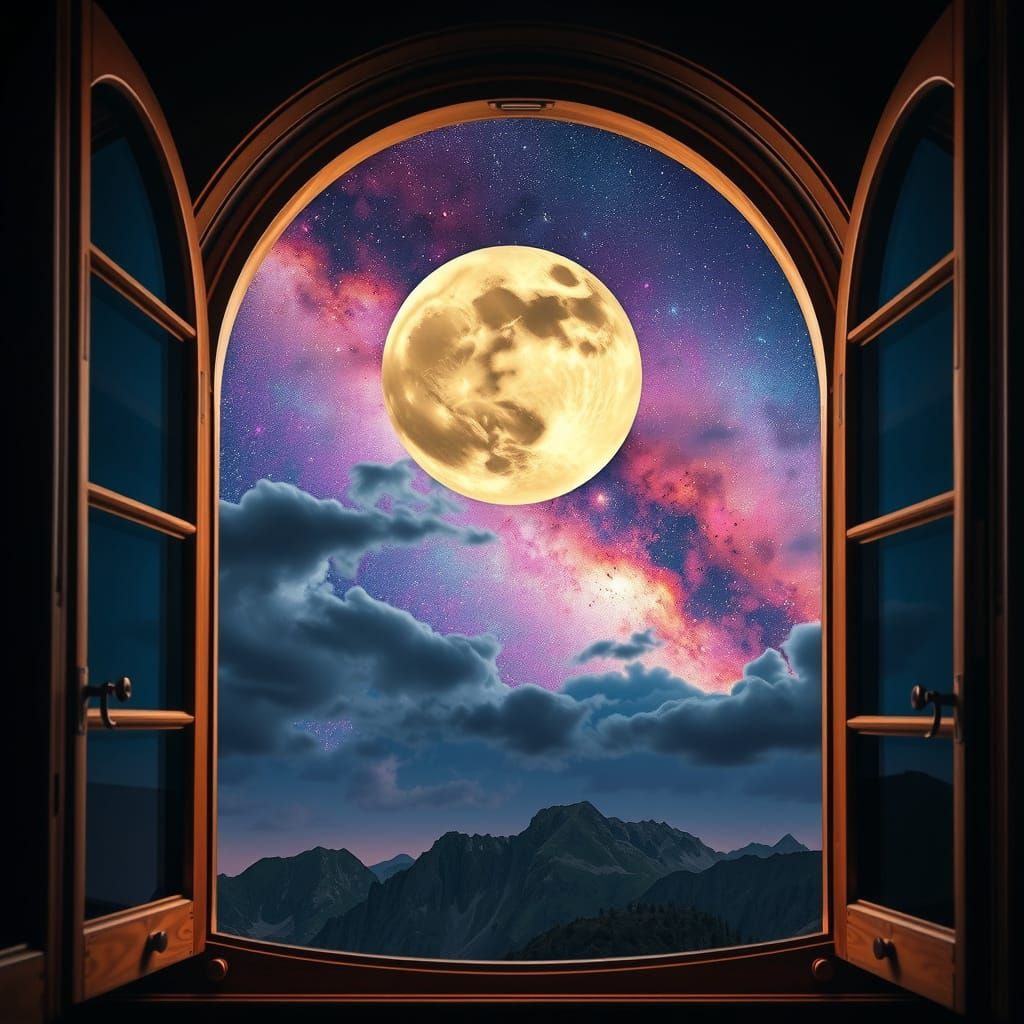 Serene Nocturnal Scene Through Ornate Arbour Window