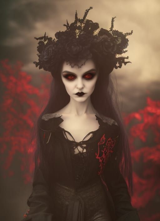 Gothic Vampire Porcelain Doll in Digital Art Style