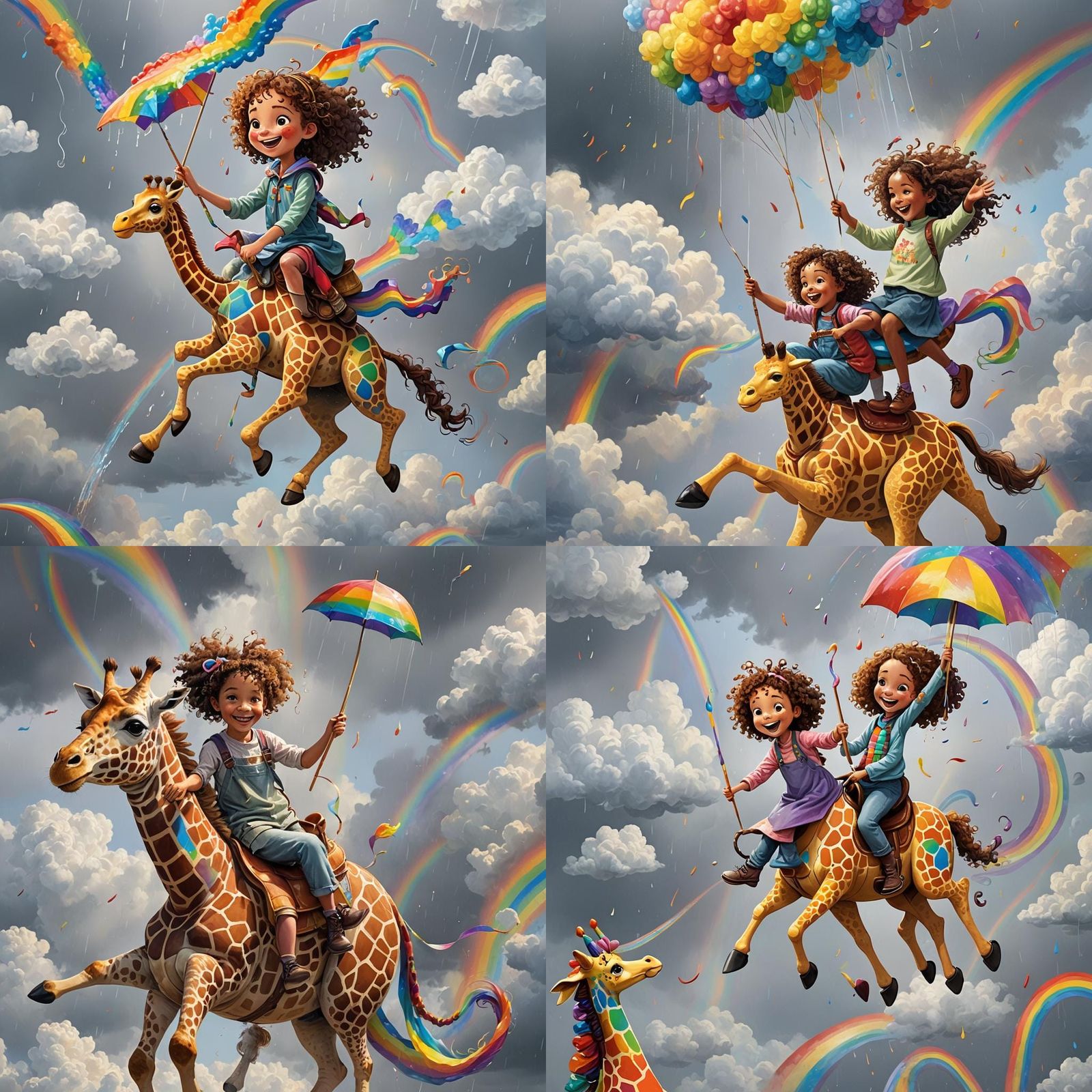 Girl Rides Giraffe Painting Rainbow: Fantasy Concept Art