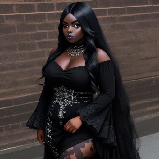 Ebony Woman in Goth Dress with Long Hair