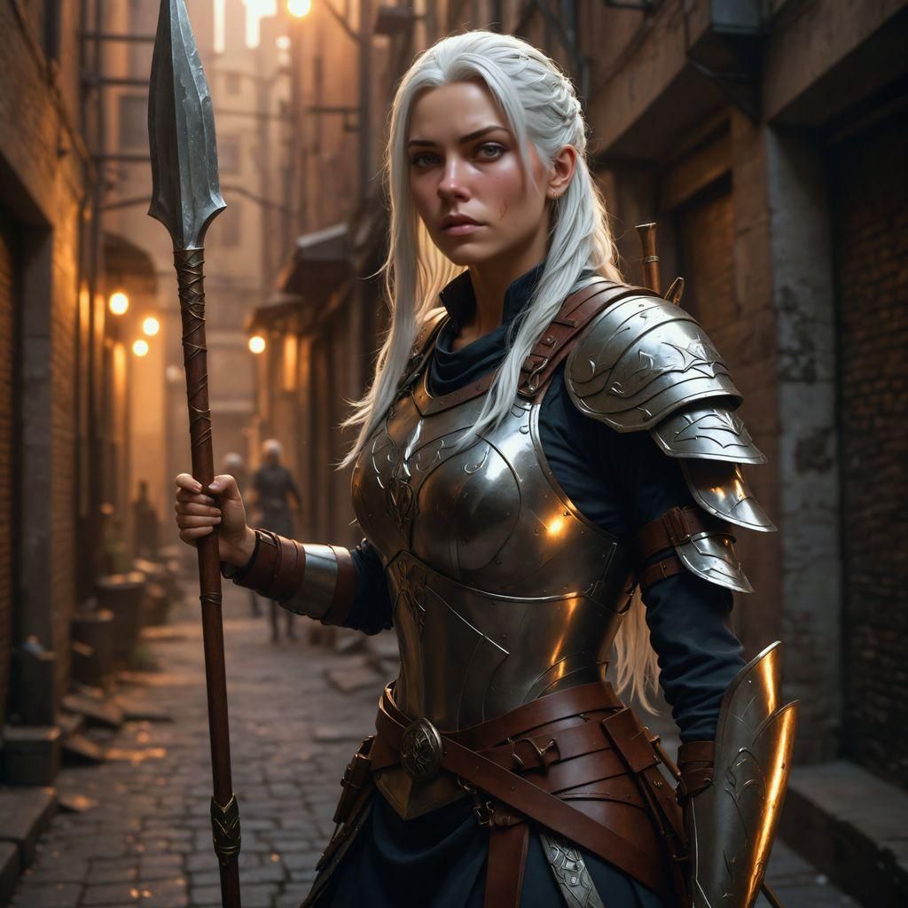 Warrior Lady in Alleyway with Spear