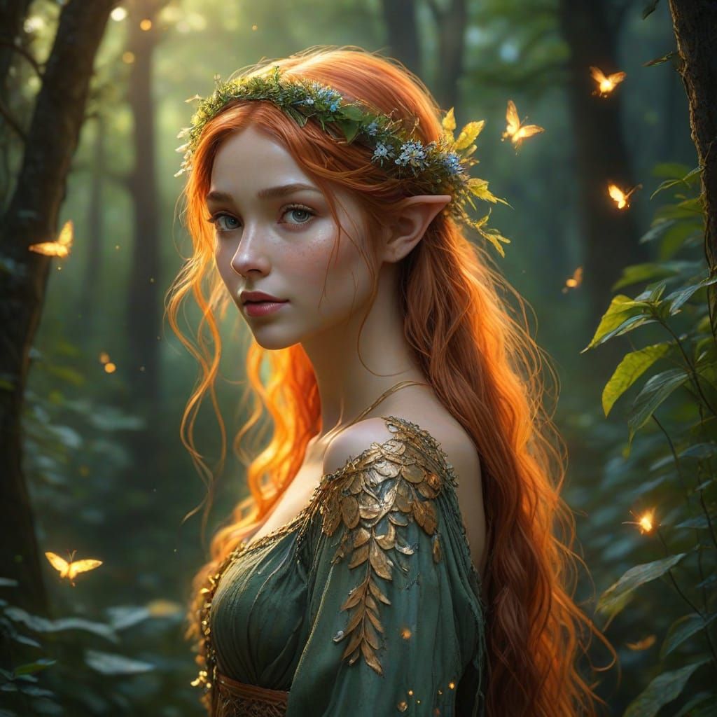 Ethereal Whimsy: Red-Haired Elf Maiden in Vibrant Forest