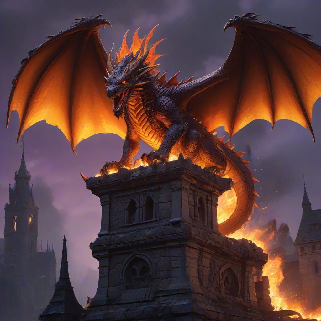 Ancient Red Dragon Devours Medieval City in Fiery Ruin