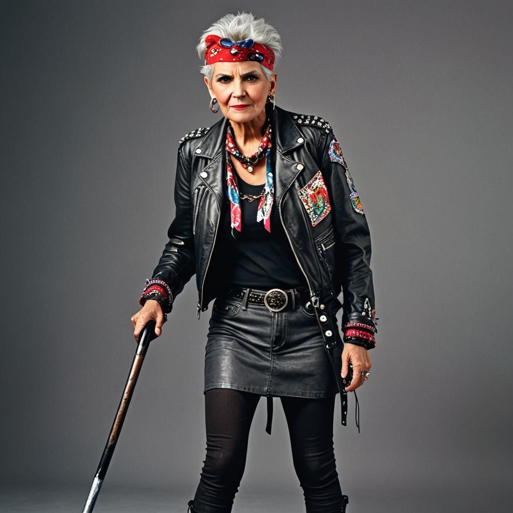 Elderly Rocker in 80s Outfit with Guitars