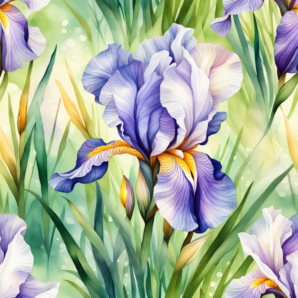 Delicate Iris Flower in Watercolor Meadow