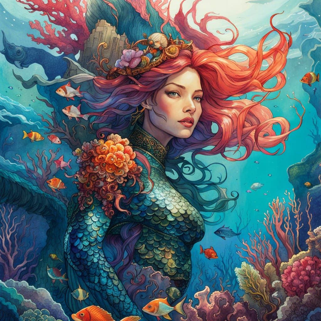 Watercolor Mermaid in Coral Reef: Fantasycore Art