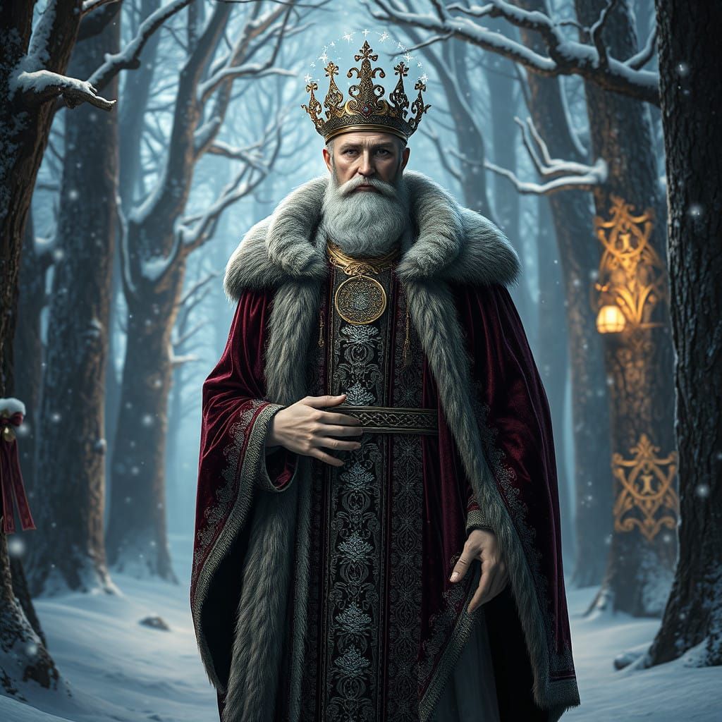 Majestic Winter Saint in Velvet Robes amidst Gnarled Trees