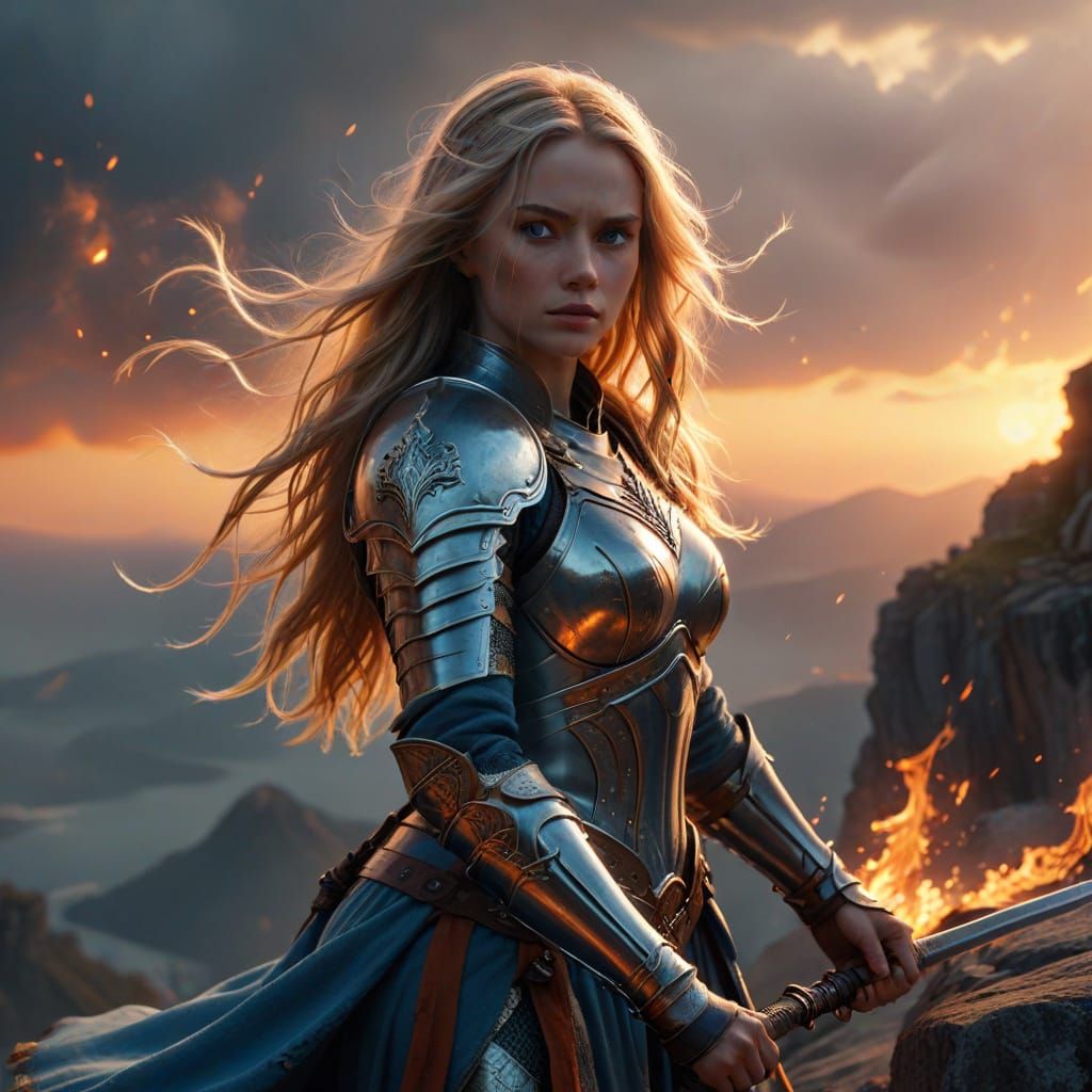 Epic Fantasy Warrior Goddess in Golden Hour Glory